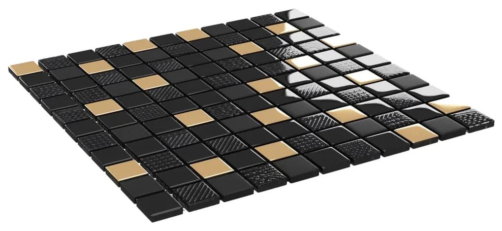 Placi mozaic, 11 buc., negru si auriu, 30x30 cm, sticla 11, Negru si auriu