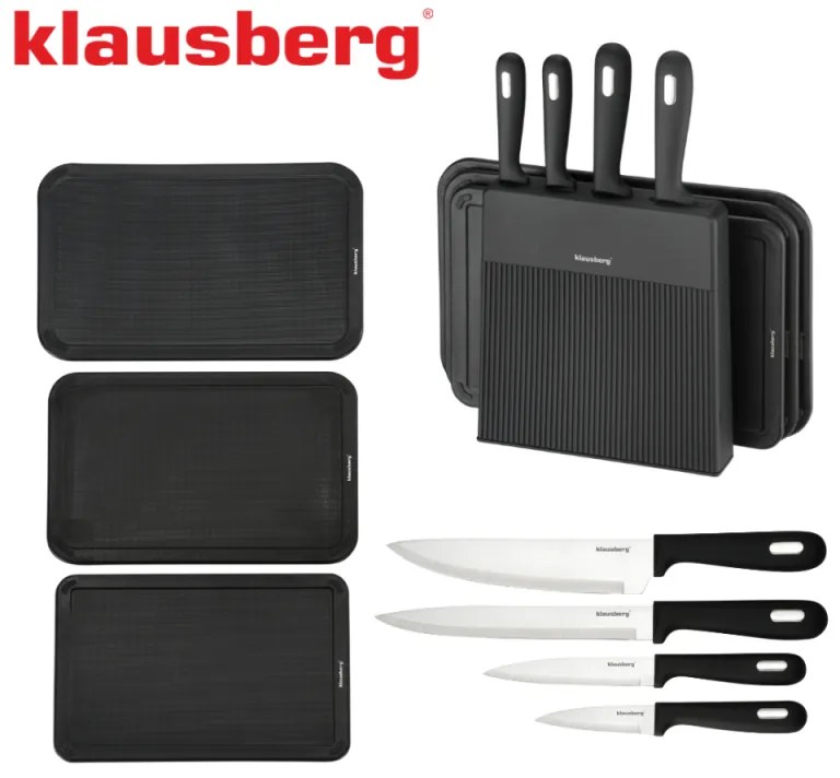 Klausberg KB 7980 set cuțit și placă de tăiat, 8 piese, Oțel inoxidabil, Suport, Negru/inox