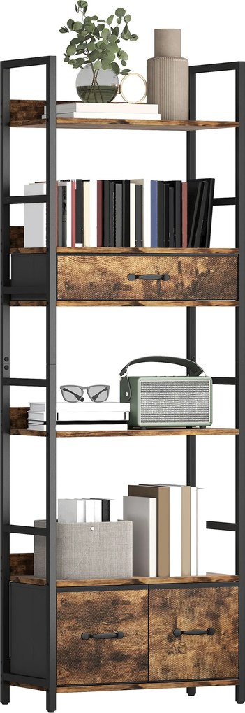 HOMCOM Bibliotecă raft de depozitare cu 6 niveluri cu 4 rafturi, 3 sertare din material textil, 60x30x176cm, maro rustic | Aosom Romania