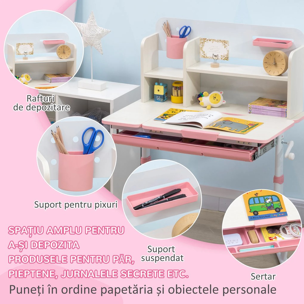 HOMCOM Set de Birou și Scaun pentru Copii de la 3 Ani Reglabil, Masă Inclinabilă 60° cu Sertar și Rafturi, Roz | Aosom Romania