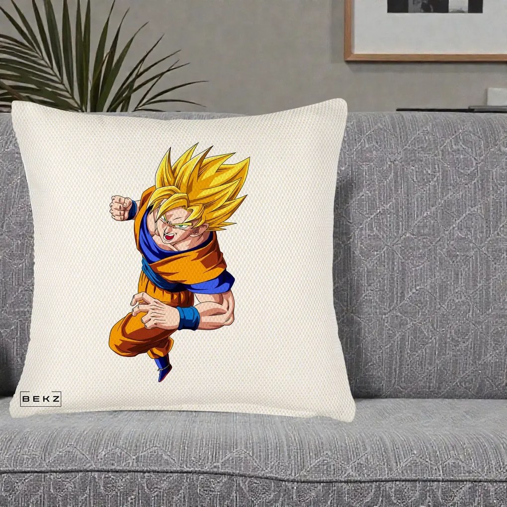 Perna Personalizata Dragon Ball Goku Super Saiyan 2 Lupta, 40x40 cm, Crem Reliefat, Husa Detasabila, Perna Inclusa, BEKZ®