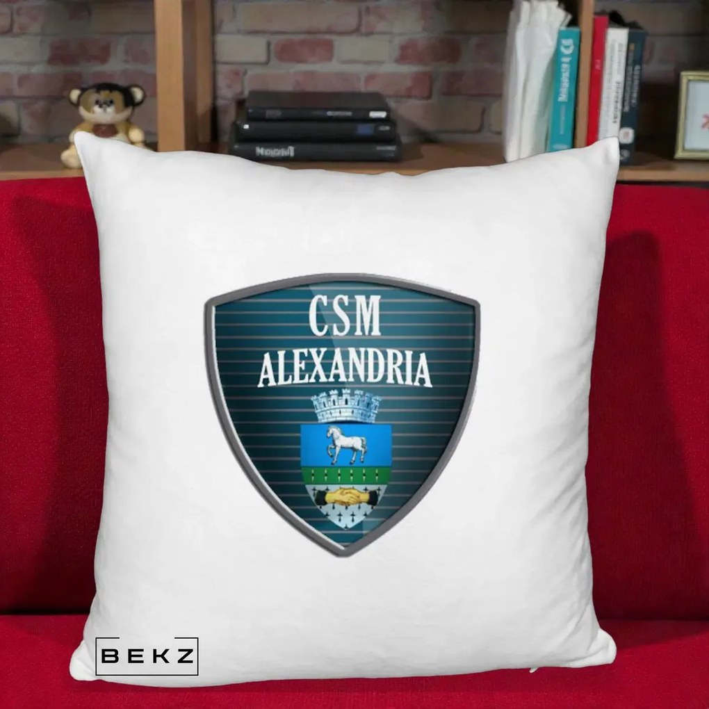 Perna Personalizata CSM Alexandria Fotbal, 40x40 cm, Alb Pufos, Husa Detasabila, Perna Inclusa, BEKZ®