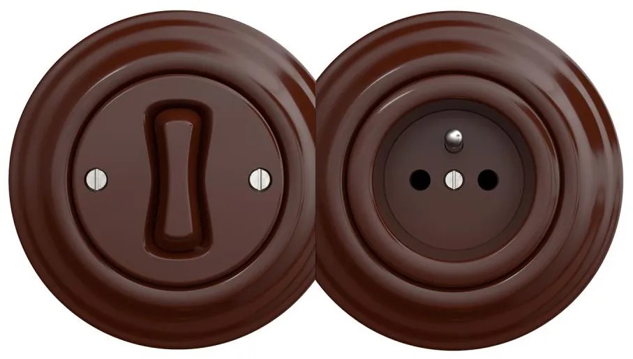 Kliklap - Întrerupător retro unipolar nr. 1 și priză 230V cu ramă, maro