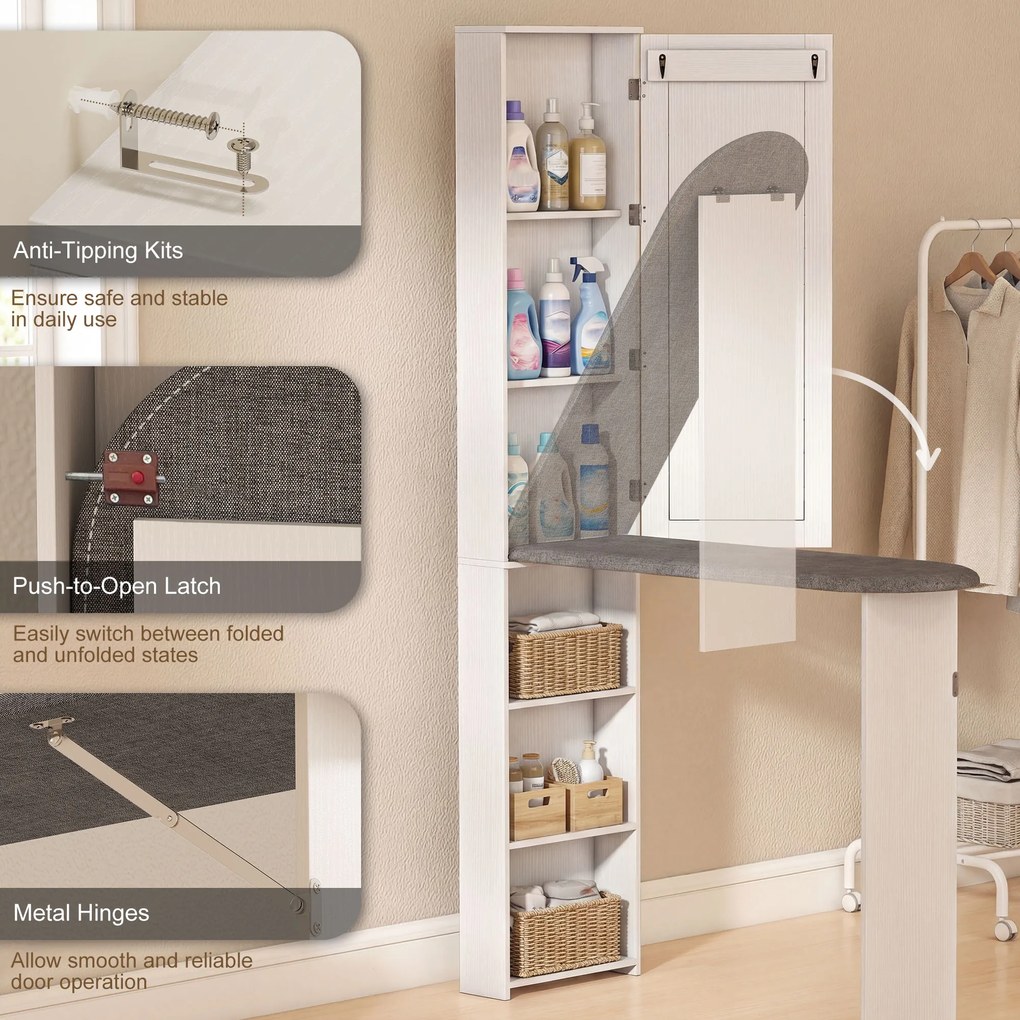 HOMCOM Dulap pliabil pentru masă de călcat cu ușă rafturi interne oglindă Economisitor de spațiu Masă de călcat pentru îngrijirea rufelor 106x35x174 cm Alb | Aosom Romania