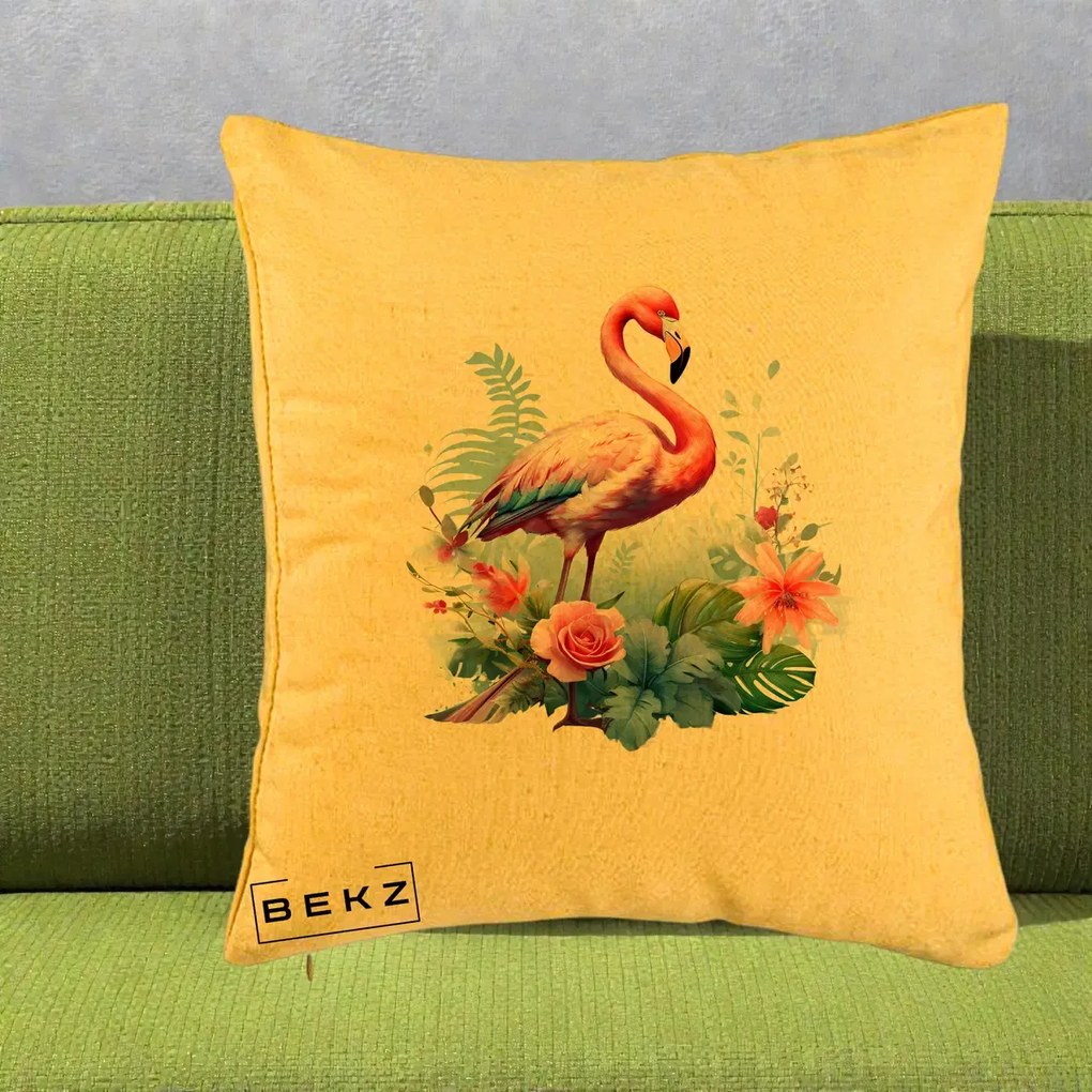 Perna Decorativa Flamingo cu Flori Tropicale Acuarela, 40x40 cm, Galben, Husa Detasabila, Perna Inclusa, BEKZ®