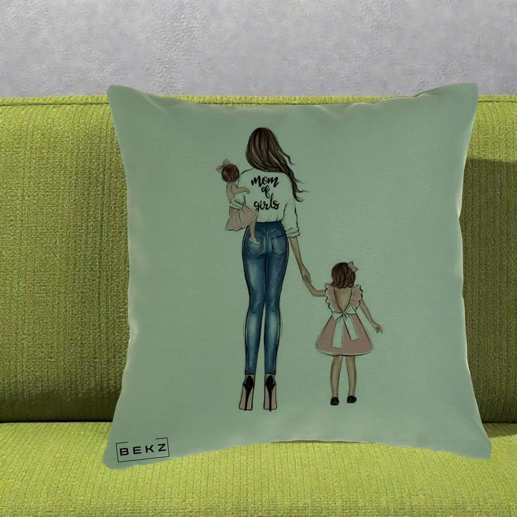 Cadou pentru Mama - Perna Personalizata Mom of Girls Mama cu Fetele, 40x40 cm, Verde, Husa Detasabila, Perna Inclusa, BEKZ®