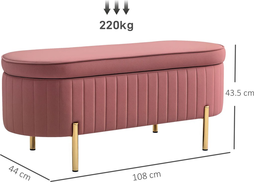 HOMCOM Bancă ovală cu spațiu de depozitare 72 L, cu capac rabatabil, din catifea și lemn, 108 x 44 x 43,5 cm, roz | Aosom Romania