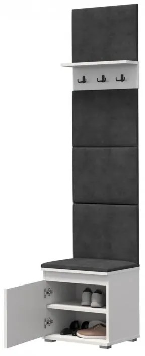 CUI522 - Cuier 50x37x214 cm - 3 agatatori haine, hol, pantofar - Alb, tapiterie Verde/Gri/Albastru