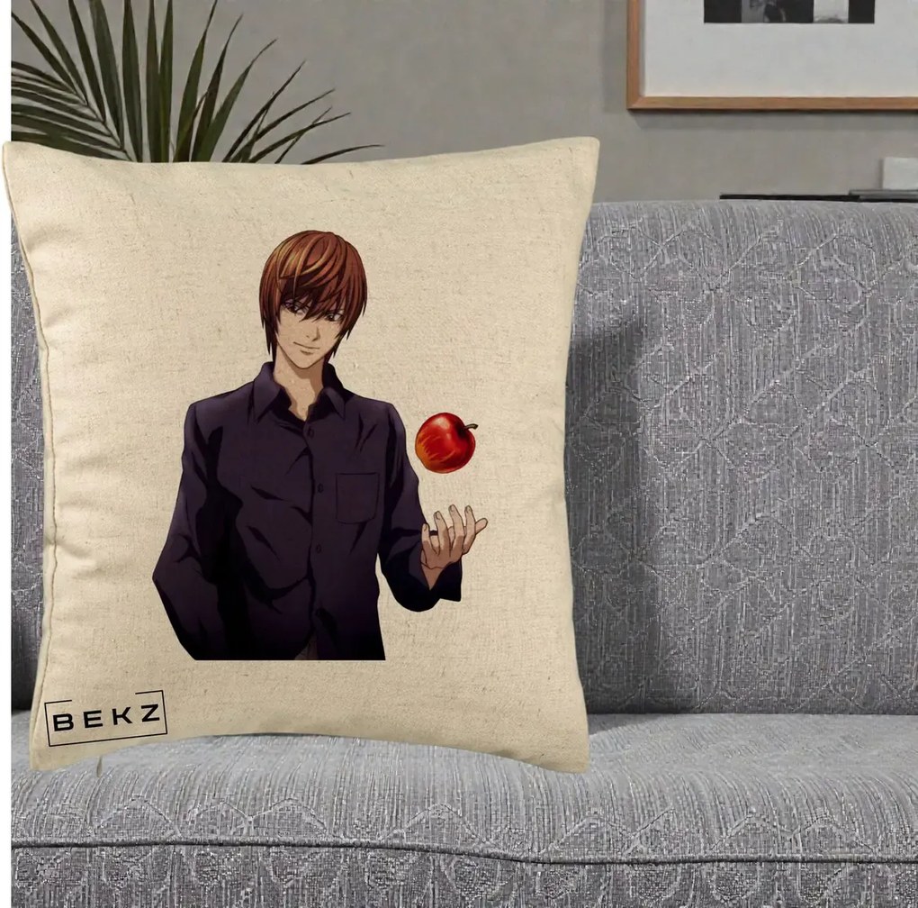 Perna Personalizata Death Note Light Yagami cu Mar, 40x40 cm, Bej, Husa Detasabila, Perna Inclusa, BEKZ®