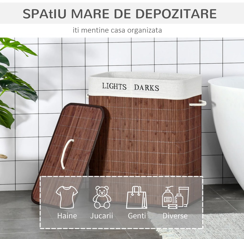 HOMCOM Coș de Rufe din Bambus Rezistent la Apă, 100L, 2 Compartimente, Manere Laterale din Frânghie, Design Elegant | Aosom Romania