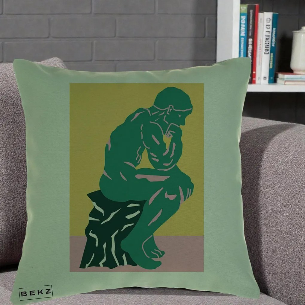 Perna Decorativa Ganditorul Sculptura Pop Art, 40x40 cm, Verde, Husa Detasabila, Perna Inclusa, BEKZ®