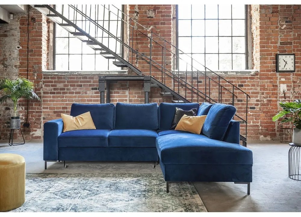Colțar albastru închis extensibil cu tapițerie din catifea (cu colț pe partea dreaptă) Lofty Lilly – Miuform