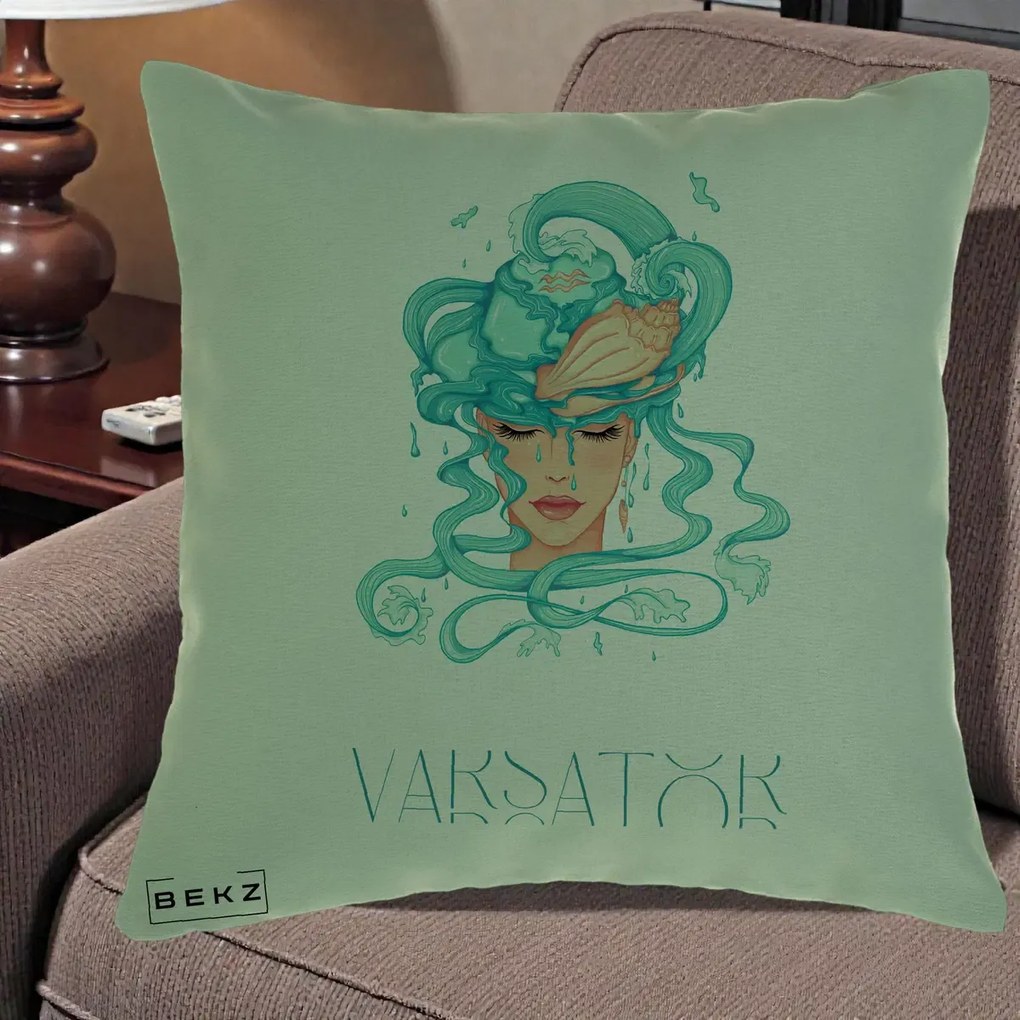 Perna Personalizata Zodiac Varsator Cowgirl, 40x40 cm, Verde, Husa Detasabila, Perna Inclusa, BEKZ®