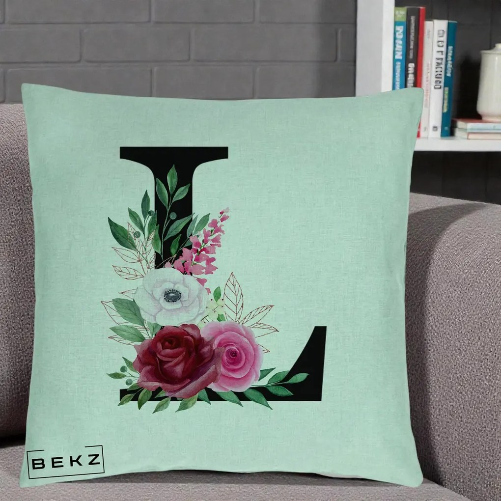 Cadou Personalizat - Perna Personalizata Monograma Florala Litera L, 40x40 cm, Verde Menta, Husa Detasabila, Perna Inclusa, BEKZ®