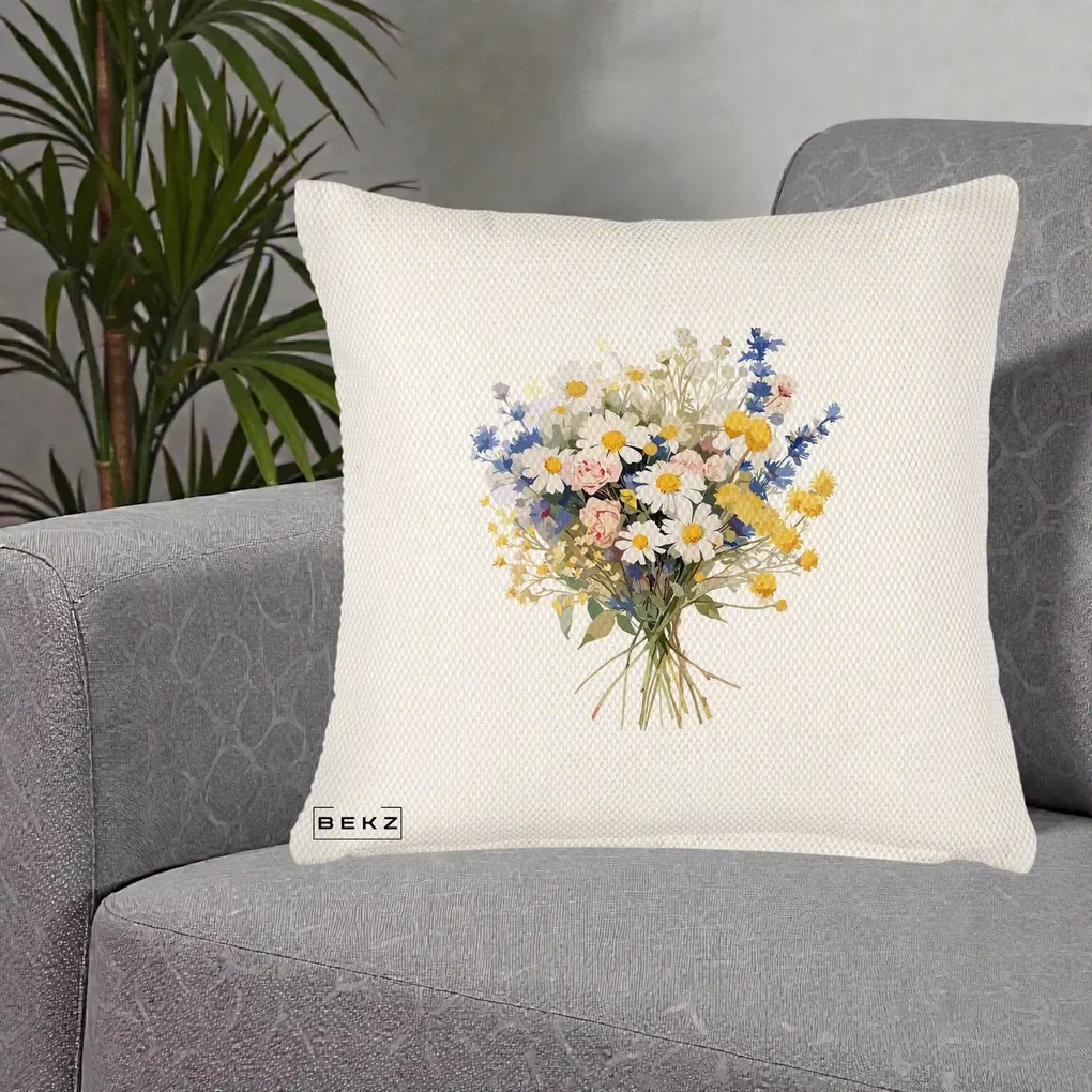 Perna Decorativa Buchet Camp Acuarela Margarete-Lavanda, 40x40 cm, Crem Reliefat, Husa Detasabila, Perna Inclusa, BEKZ®