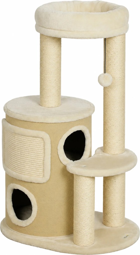 PawHut Ansamblu Joacă Pisici cu Sisal, Turn Multinivel 90 cm cu Culcuș și Platforme, 55x39x90 cm, Bej | Aosom Romania