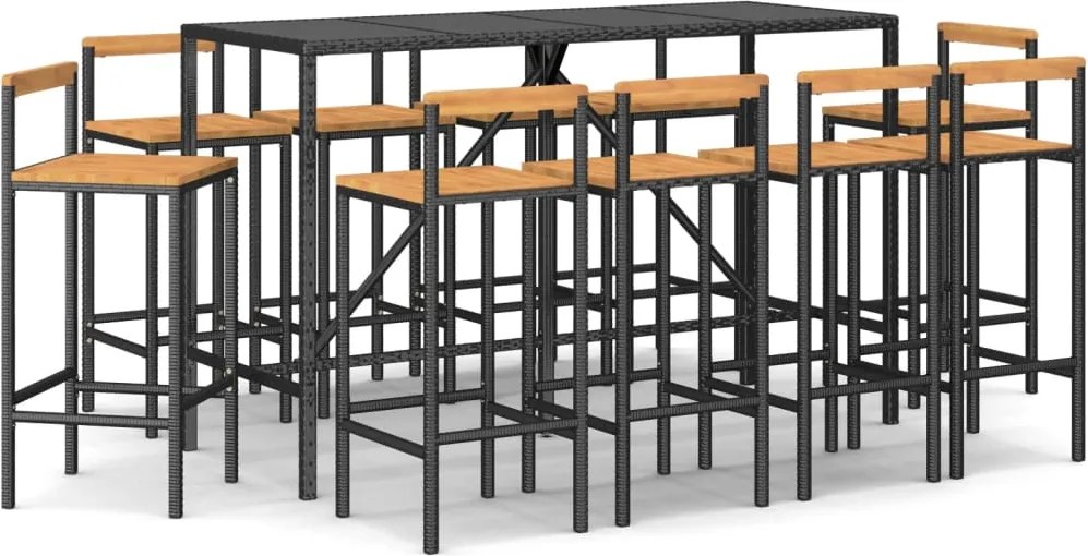 vidaXL Set bar pentru grădină, 11 piese, negru, poliratan/lemn acacia