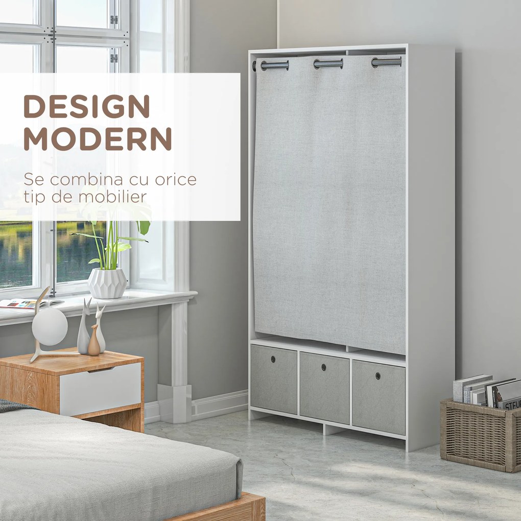 HOMCOM Dulap Modern cu Bară de Agățat, 3 Compartimente și Sertare din Țesătură, Organizator de Haine pentru Dormitor, Natural | Aosom Romania