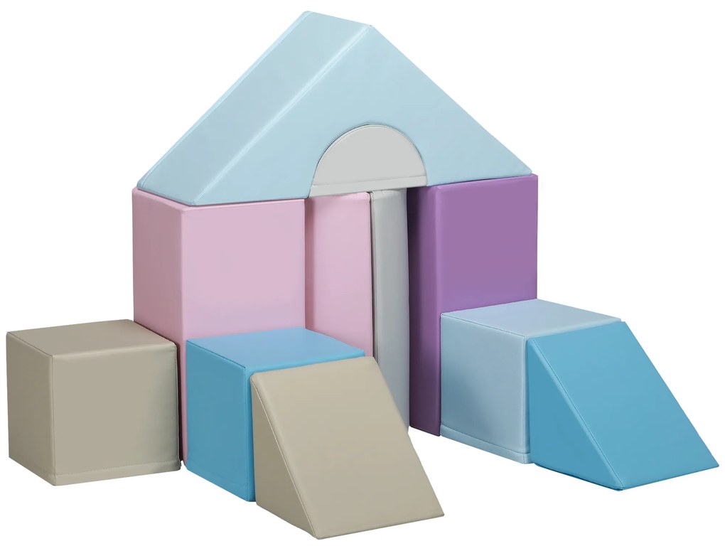 HOMCOM Set de 11 piese de blocuri moi, blocuri de spumă pentru a sări și a se cățăra, pentru copii, 1-3 ani, cu husă de piele artificială, Multicolor | Aosom Romania