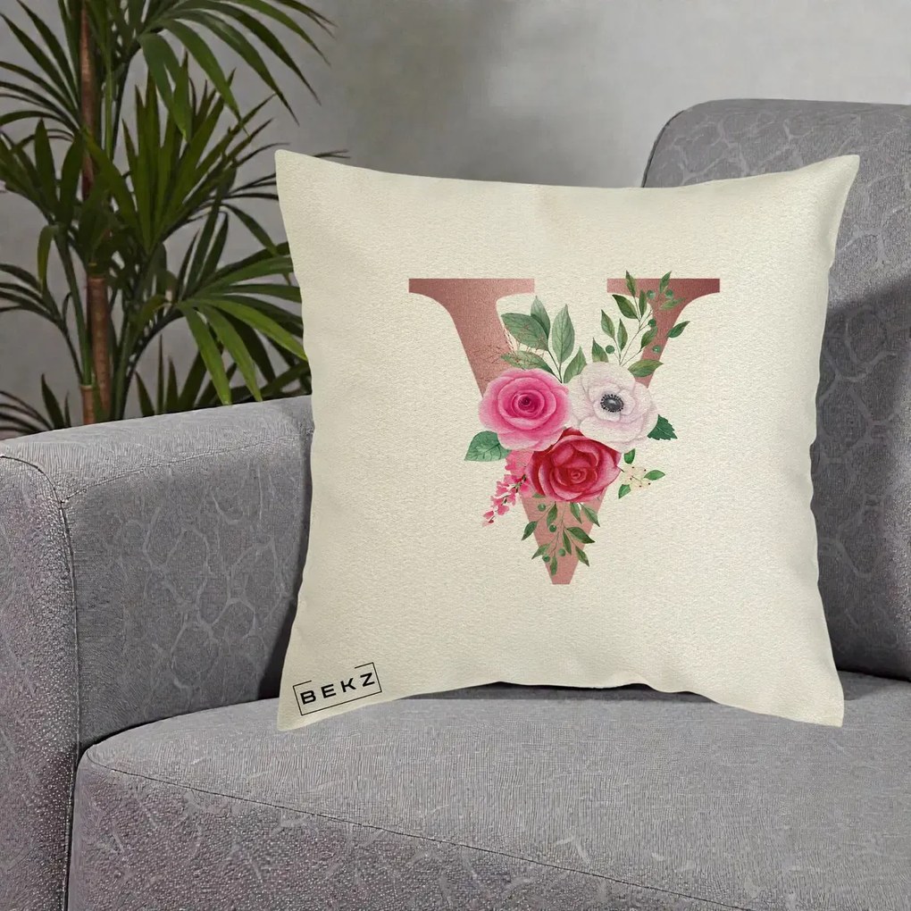 Cadou Personalizat - Perna Personalizata Monograma Rose Gold Litera V, 40x40 cm, Ecru, Husa Detasabila, Perna Inclusa, BEKZ®