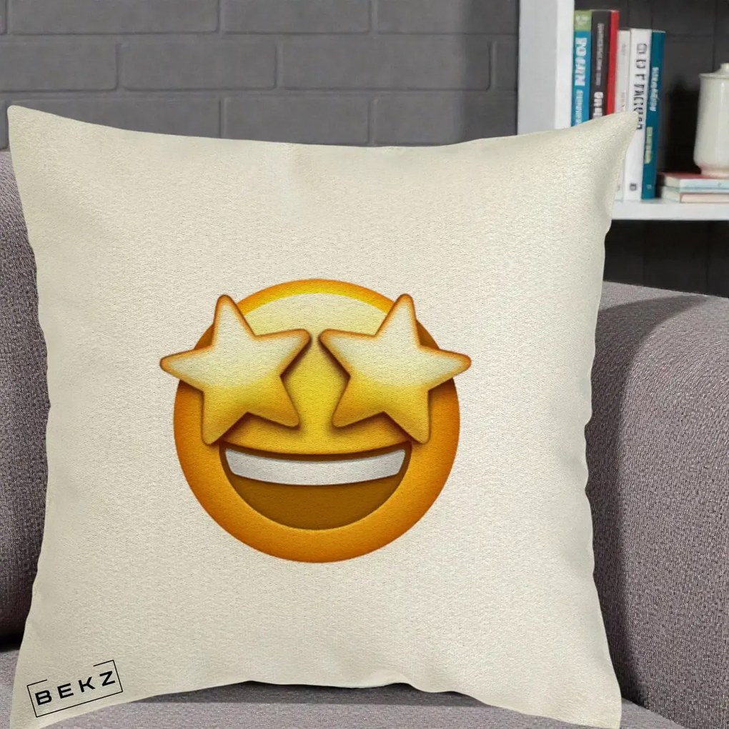Perna Decorativa Emoji Ochi Stele, 40x40 cm, Ecru, Husa Detasabila, Perna Inclusa, BEKZ®