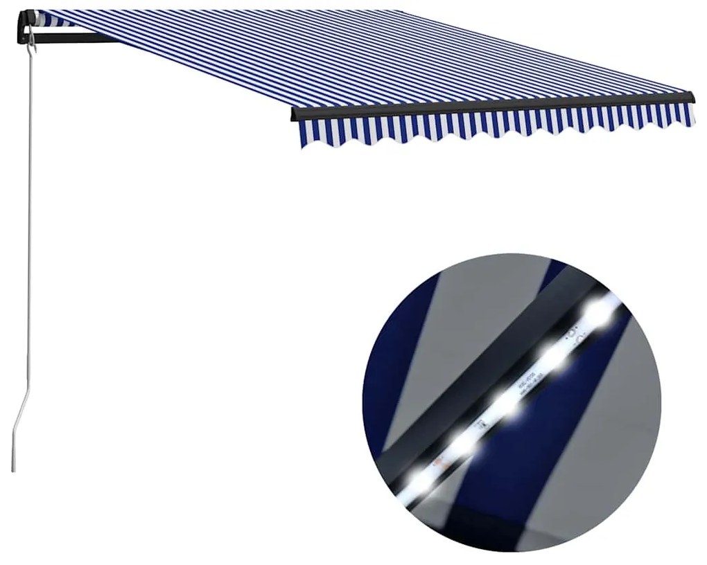 vidaXL Copertină retractabilă manual cu LED, albastru/alb, 300x250 cm