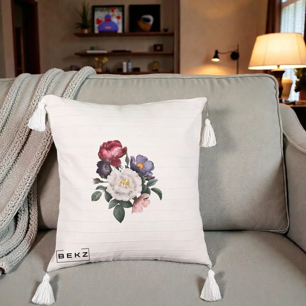 Perna Decorativa Buchet Trandafiri Bujori Botanical, 40x40 cm, Bej cu Franjuri, Husa Detasabila, Perna Inclusa, BEKZ®
