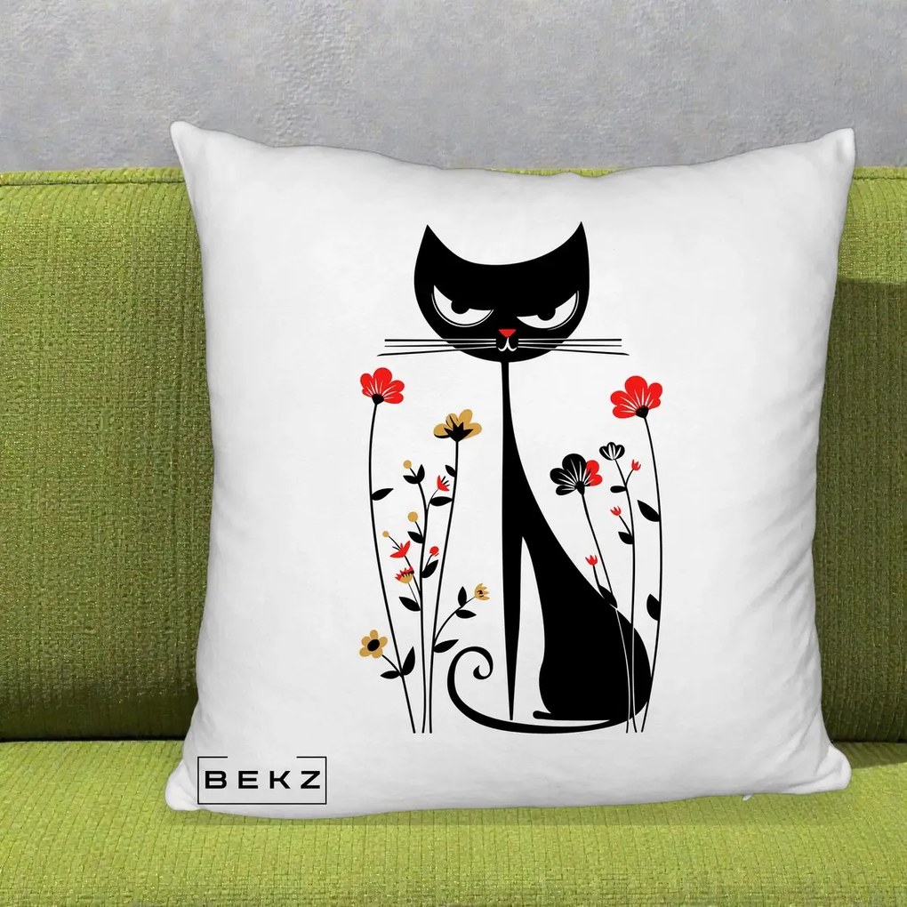 Perna Decorativa Pisica Neagra Grafica Flori Rosii, 40x40 cm, Alb Pufos, Husa Detasabila, Perna Inclusa, BEKZ®
