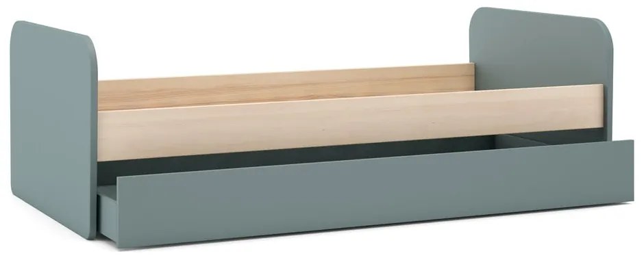 Pat pentru copii verde prăfuit cu extensie suplimentară cu aspect de lemn de pin cu spațiu de depozitare cu somieră 90x200 cm Esteban – Marckeric