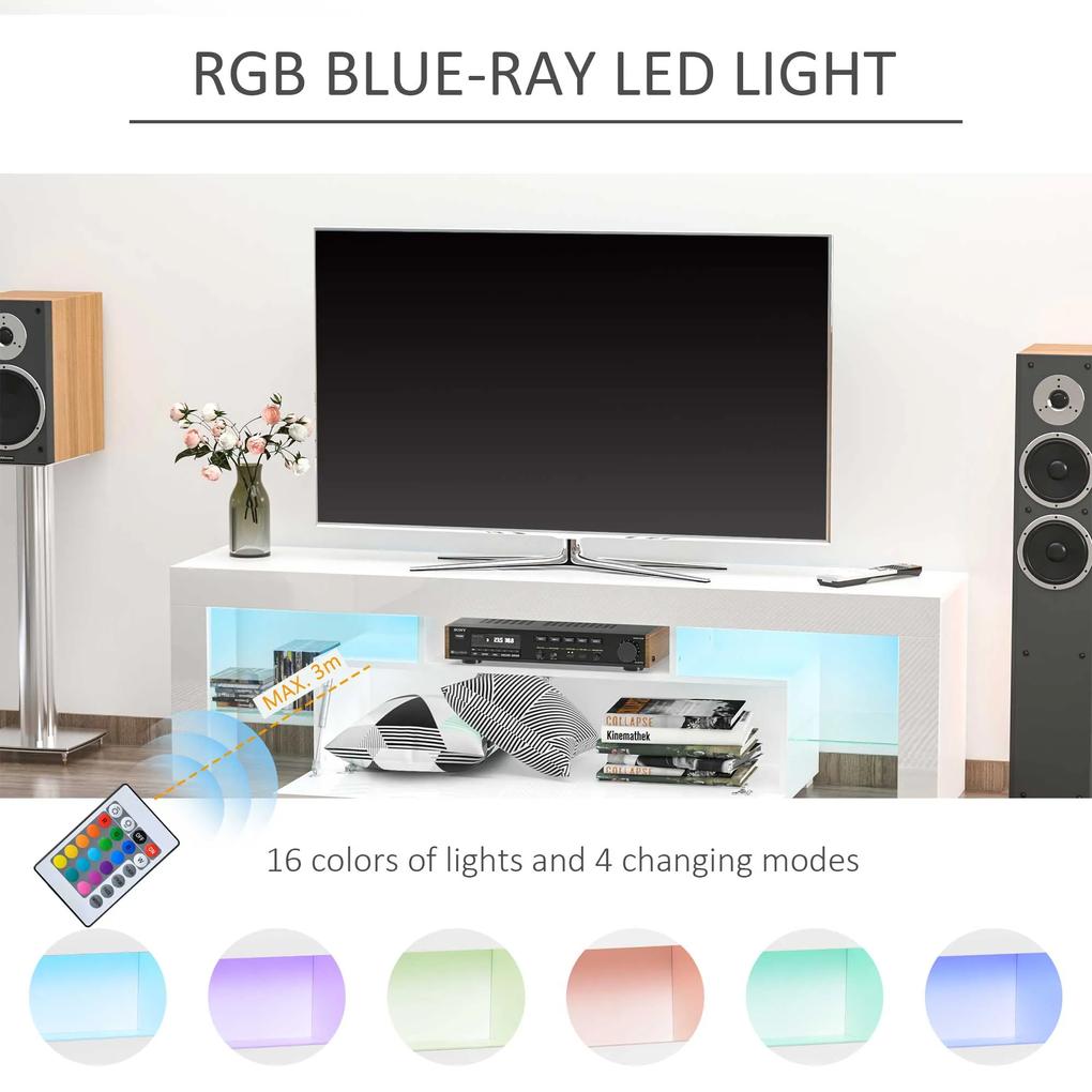 Dulap TV pana la 65", Design Elegant cu Lumini LED de 16 Culori RGB, Dulap cu Usa pentru TV, MDF si Sticla, 160x35x45cm HOMCOM | Aosom RO