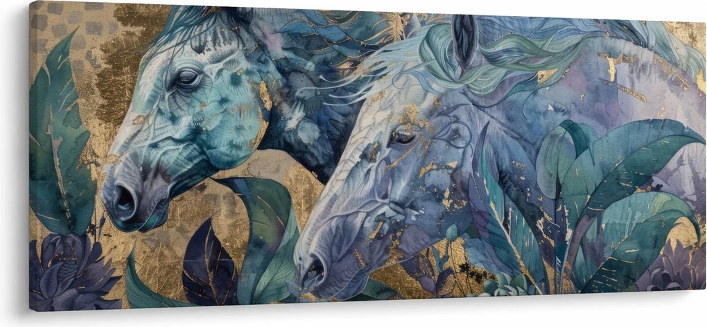 Tablou - Cai cu fundal auriu (120x50 cm)