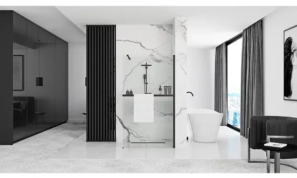 Paravan de dus tip Walk-in Rea Aero 90x195 cm si etajera cu suport negru