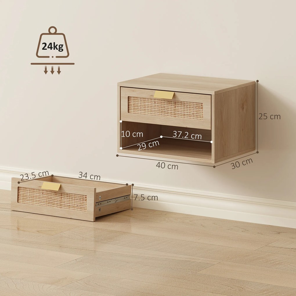 HOMCOM Set de 2 Noptiere Suspendate cu Sertar din Ratan Raft Deschis Economisire Spațiu 40x30x25 cm Stejar | Aosom Romania