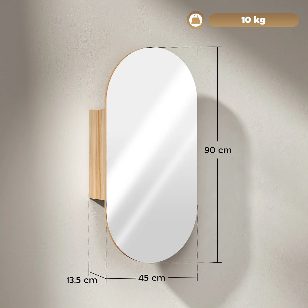 HOMCOM Dulap cu oglindă pentru baie, montare pe perete, oval, 45 x 90 cm, modern, fără rame, lemn natural | Aosom Romania
