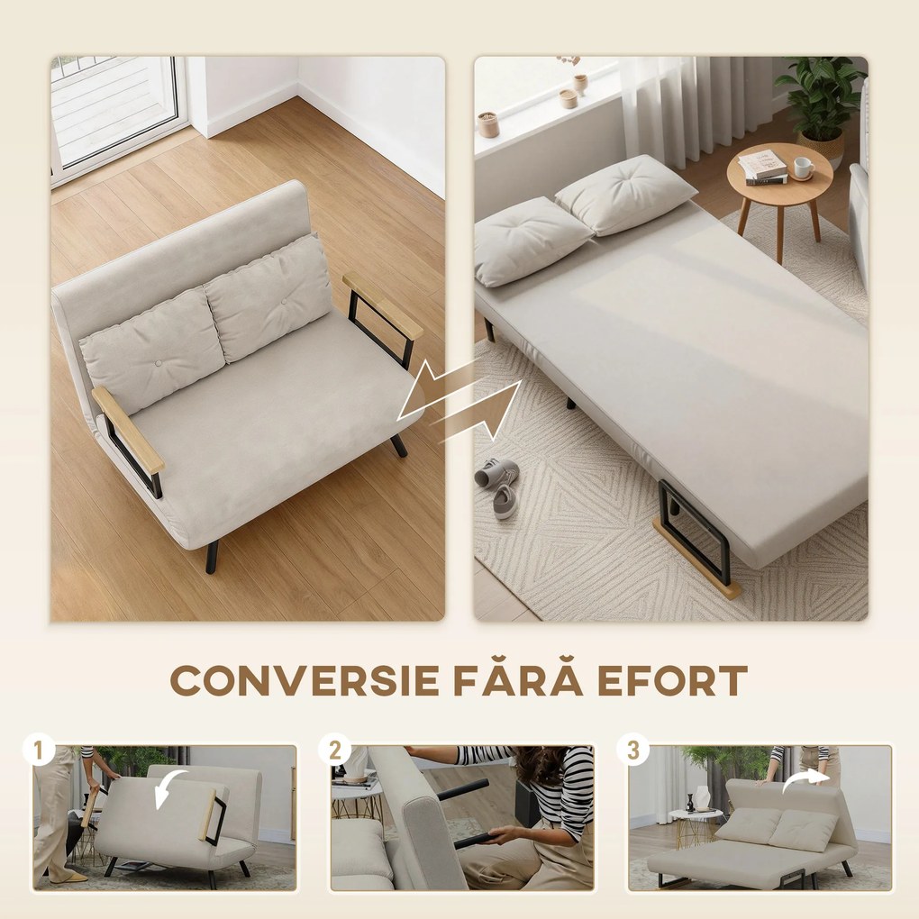HOMCOM Canapea Pat de 2 Locuri cu Spătar Reglabil pe 5 Nivele și 2 Perne din Material Capitonat, 102x73x81 cm, Negru | Aosom Romania