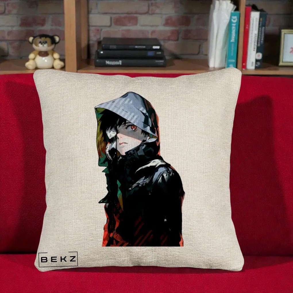 Perna Personalizata Tokyo Ghoul Ken Kaneki cu Masca si Gluga, 40x40 cm, Bej Canapea, Husa Detasabila, Perna Inclusa, BEKZ®