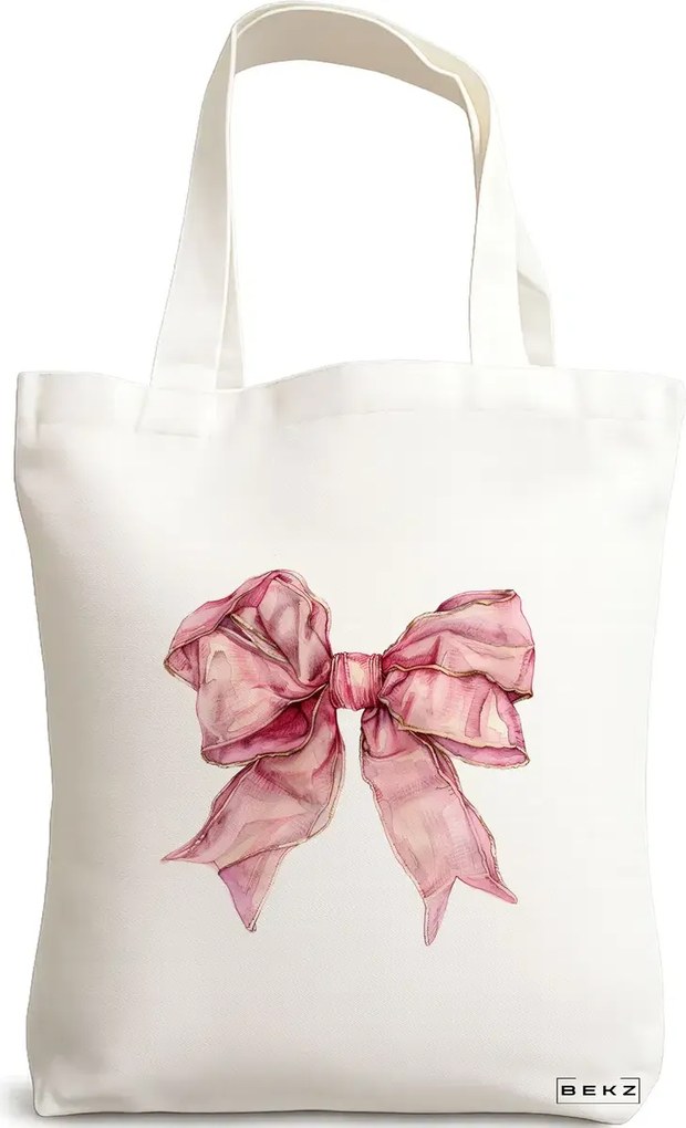 Sacosa de Panza pentru Cumparaturi, Geanta Tote, model Pink Bow 38 x 34.5 cm, Alba, BEKZ®
