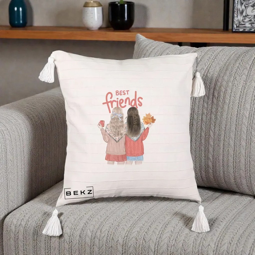 Cadou pentru Prieteni - Perna Personalizata Best Friends Toamna, 40x40 cm, Bej cu Franjuri, Husa Detasabila, Perna Inclusa, BEKZ®
