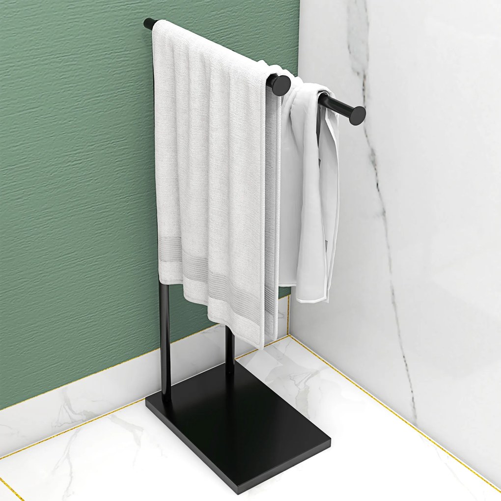 HOMCOM Suport Prosoape cu 2 Brațe, Suport Baie din Metal, 35,5x20x78 cm, Negru | Aosom Romania