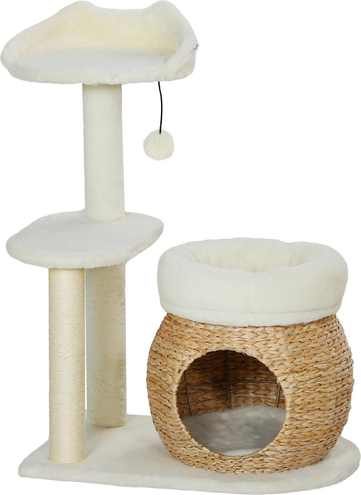 PawHut Copac pentru pisici cu căsuță, minge de joacă și platformă, stuf/sisal, până la 10 kg, 60 x 40 x 79 cm, crem-alb | Aosom Romania