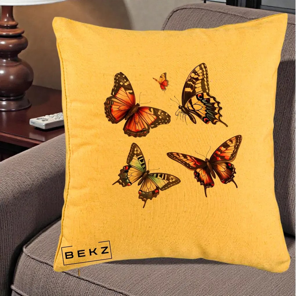 Perna decorativa Colectie Fluturi Multicolori, 40x40 cm cu Umplutura, Galben, BEKZ