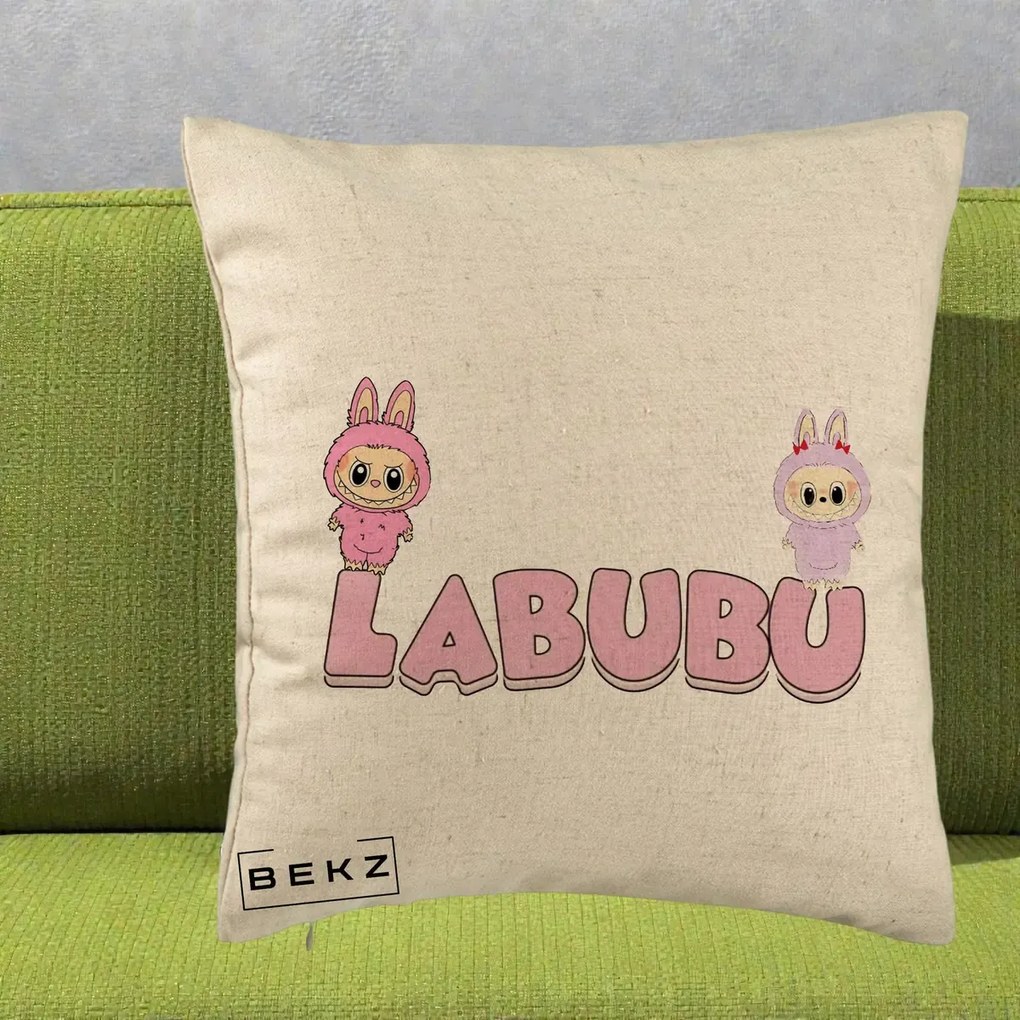 Perna Personalizata Labubu Duo Roz-Lila cu Text, 40x40 cm, Bej, Husa Detasabila, Perna Inclusa, BEKZ®