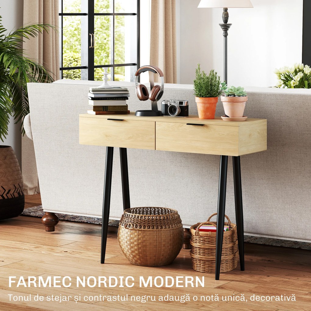 HOMCOM Consolă cu 2 Sertare, cu o finisare din lemn de stejar, Picioare are un dispozitiv anti-răsturnarel, 100x30x80,5 cm, Natural | Aosom Romania