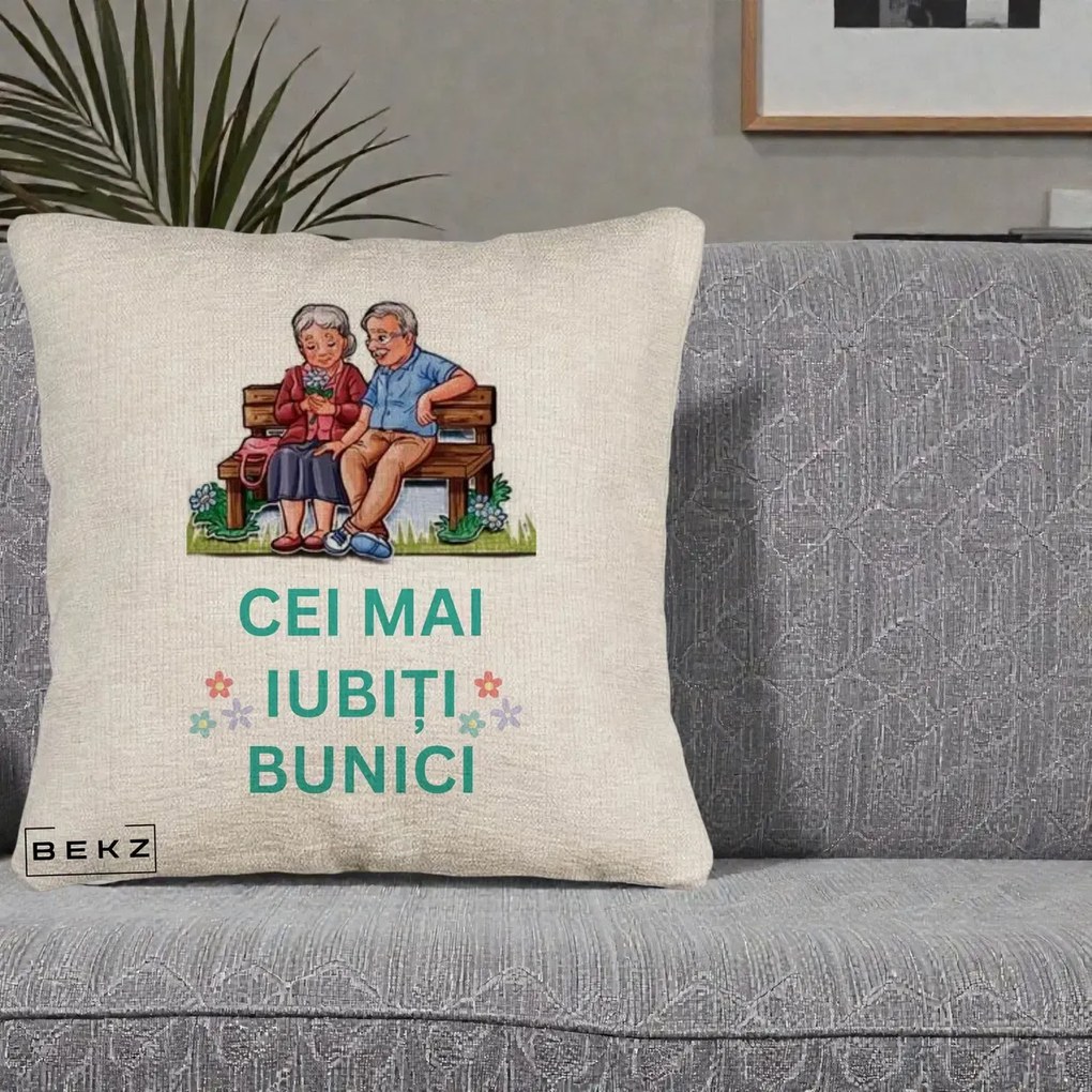 Cadou pentru Bunici - Perna Personalizata Cei Mai Iubiti Bunici Cuplu pe Banca Ilustratie, 40x40 cm, Bej Canapea, Husa Detasabila, Perna Inclusa, BEKZ®
