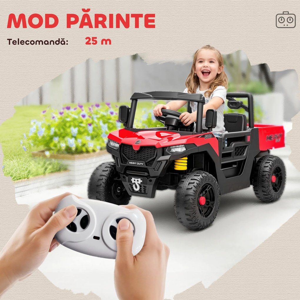 AIYAPLAY Mașină Electrică pentru Copii UTV 12V Off-road cu Portbagaj, 2 Motoare, Centură în 3 Puncte, Telecomandă, Suspensii, USB, Muzică, Lumini, 1.8-3.7 km/h, 3-8 Ani, Roșu | Aosom Romania