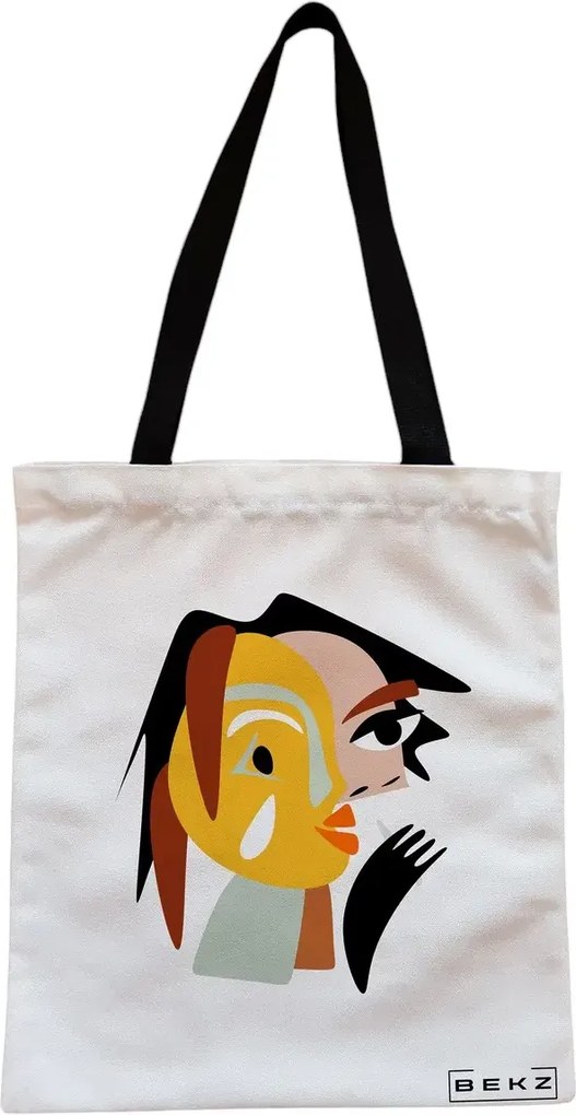 Sacosa de Panza pentru Cumparaturi, Geanta Tote, model Abstract face 2, Cu fermoar, 38x34.5 cm, Alba, BEKZ®
