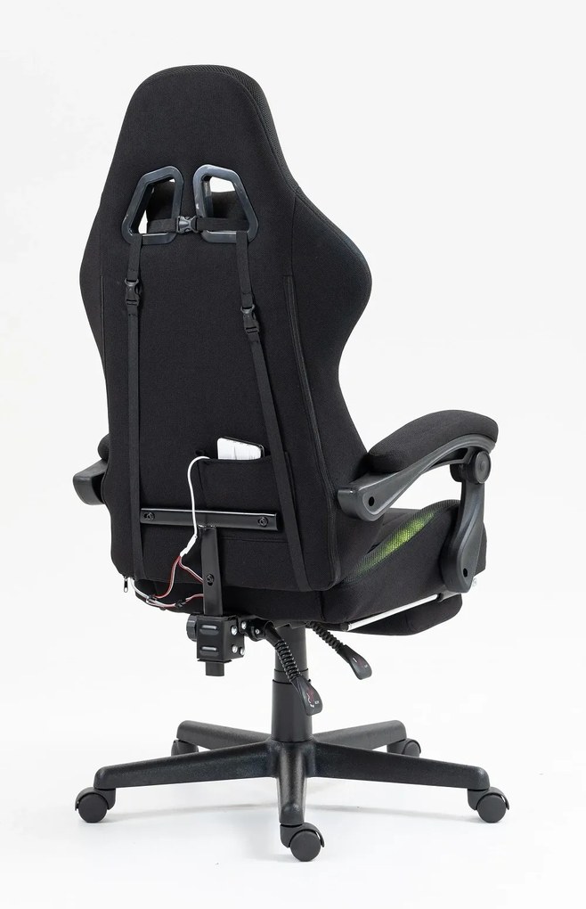 RESIGILAT- Scaun gaming cu masaj în perna lombară, sistem iluminare bandă LED RGB, suport picioare, material textil, Negru