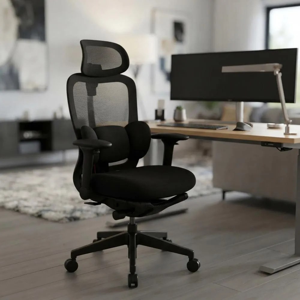 Scaun ergonomic din mesh cu suport lombar reglabil și suport pentru picioare SYYT 9523 negru