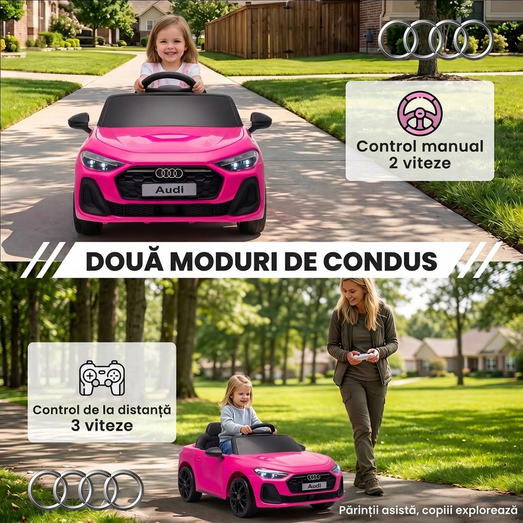 AIYAPLAY Mașină Electrică pentru Copii 12V Audi A5L cu Telecomandă, Baterie cu Litiu, 2 Motoare, Telecomandă, Roz | Aosom Romania
