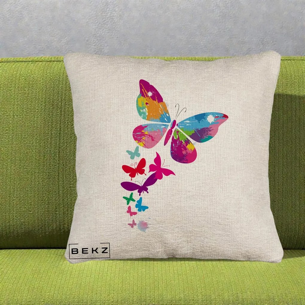 Perna Decorativa Fluturi Splash, 40x40 cm, Bej Canapea, Husa Detasabila, Perna Inclusa, BEKZ®